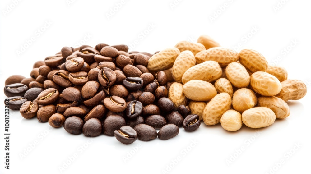 A pile of coffee beans and peanuts arranged side by side. A pile of coffee beans and peanuts arranged side by side.
