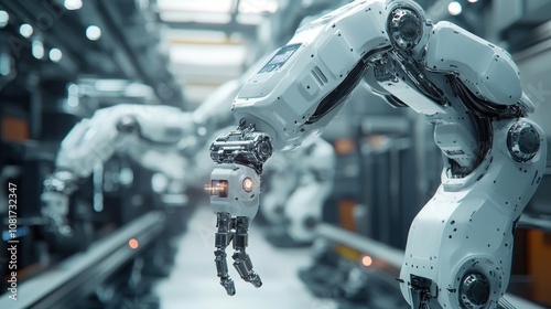 White robotic arms in a factory setting, showcasing automation and technology advancements.