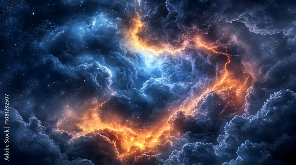 Digital Art: Fiery and Icy Cosmic Clouds Clash in a Starry Night Sky, Creating a Dramatic and Vivid Abstract Background Digital Art: Fiery and Icy Cosmic Clouds Clash in a Starry Night Sky, Creating a Dramatic and Vivid Abstract Background