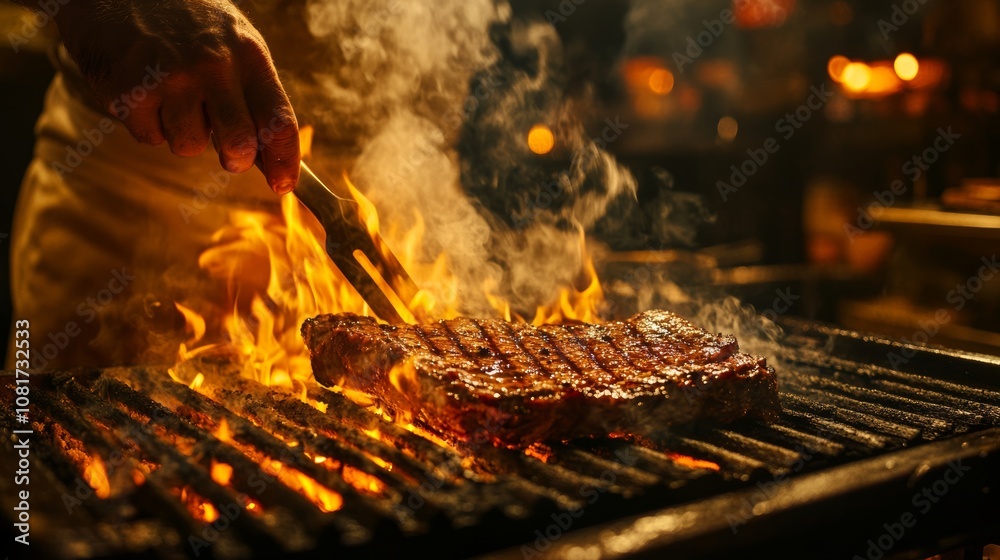 A close-up of a man barbecuing steak on a grill, with flames rising from the coals and smoke filling the air A close-up of a man barbecuing steak on a grill, with flames rising from the coals and smoke filling the air