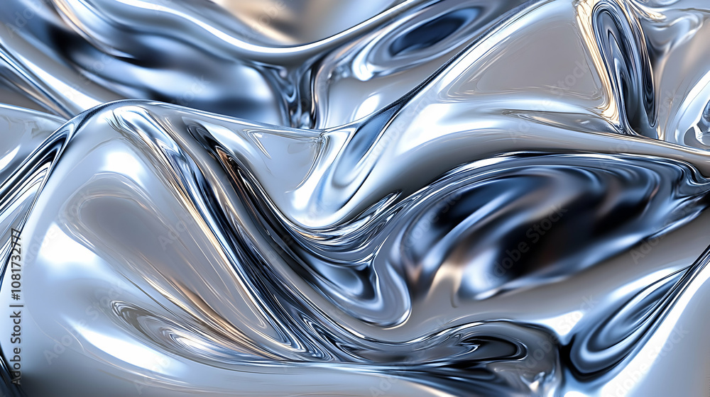 Abstract 3D Render of Liquid Metal Flowing, Creating Swirls and Reflections with a Sleek, Shiny Texture Abstract 3D Render of Liquid Metal Flowing, Creating Swirls and Reflections with a Sleek, Shiny Texture