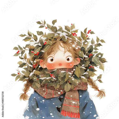 Christmas greeting card with cute girl and christmas wreath and garland