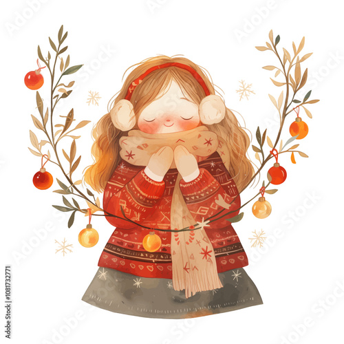 Christmas greeting card with cute girl and christmas wreath and garland