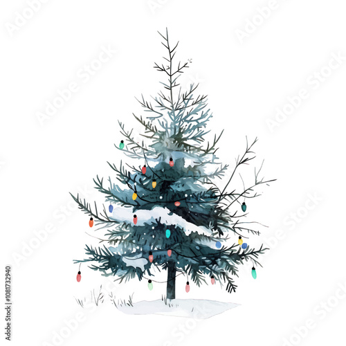 Watercolor Christmas tree isolated on white background. Hand drawn illustration.