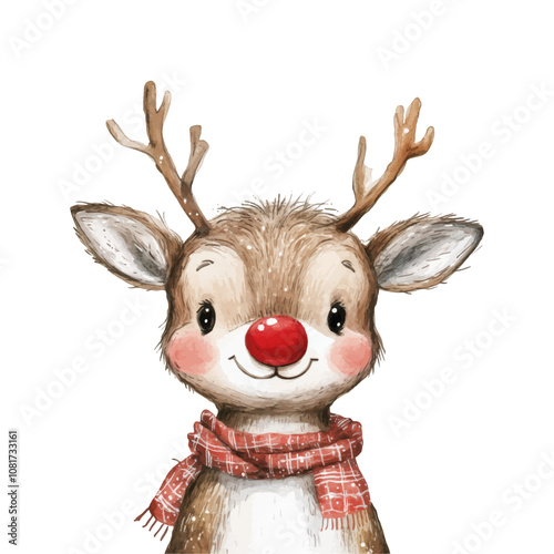 Christmas greeting card with cute cartoon deer and christmas wreath. 