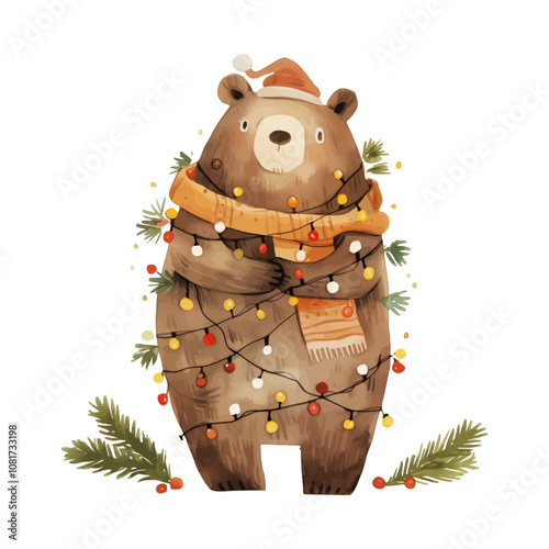 Christmas greeting card with cute cartoon bear and christmas wreath. 