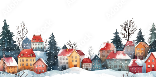 Winter village houses. Cottage houses in snow. Vector illustration.