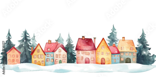 Winter village houses. Cottage houses in snow. Vector illustration.