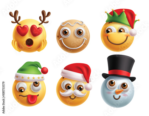 Emoji christmas characters vector set. Christmas emojis clip art characters in love, happy, smiling, silly, shy and blush facial expression for holiday season 3d icon graphic elements. Vector 