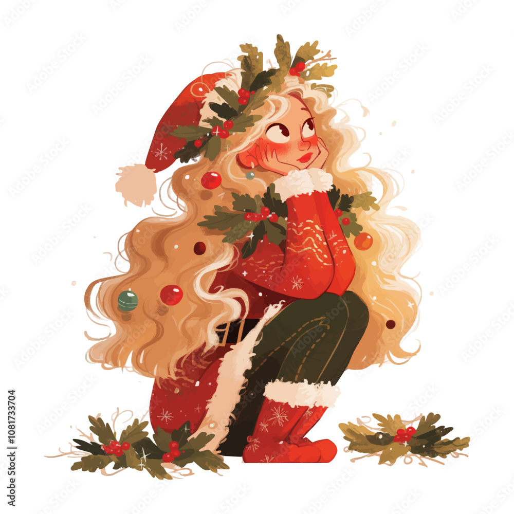 Naklejka premium Christmas greeting card with cute girl and christmas wreath and garland