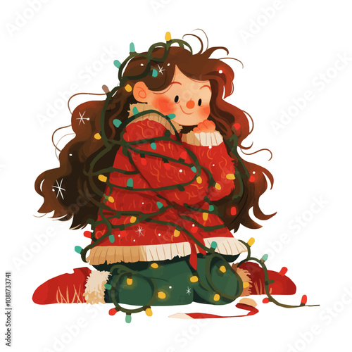 Christmas greeting card with cute girl and christmas wreath and garland