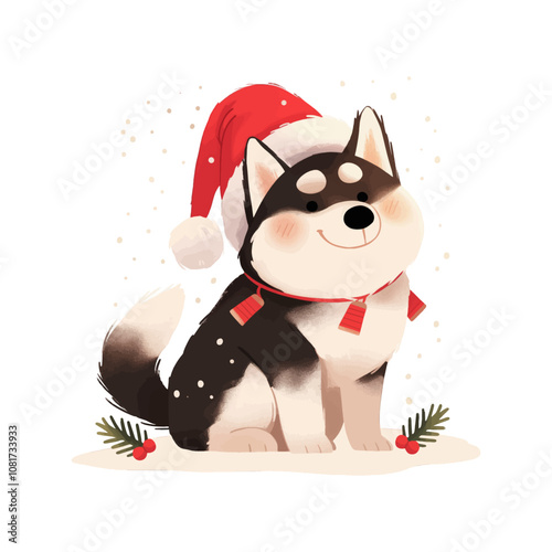 Christmas greeting card with cute cartoon siberian husky and christmas wreath. 