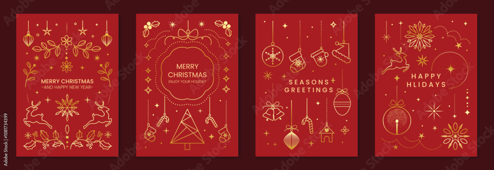 Fototapeta premium Christmas frame luxury happy holidays invitation card design vector set. Happy New Year card with reindeer, wreath, bauble, holly leaves on red background. Design for Season's Greeting, cover.