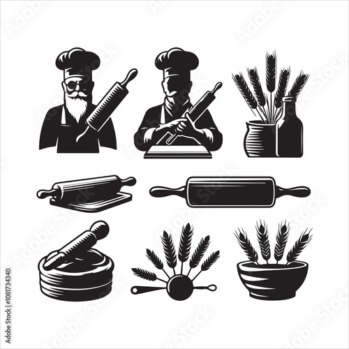 Baker with Rolling silhouette vector. Bakery items and rolling pin icon vector isolated on a white background