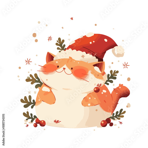Christmas greeting card with cute cat and christmas wreath