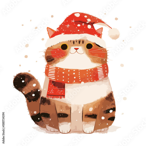 Christmas greeting card with cute cat and christmas wreath