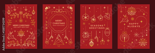 Christmas frame luxury happy holidays invitation card design vector set. Happy New Year card with reindeer, wreath, bauble, holly leaves on red background. Design for Season's Greeting, cover.