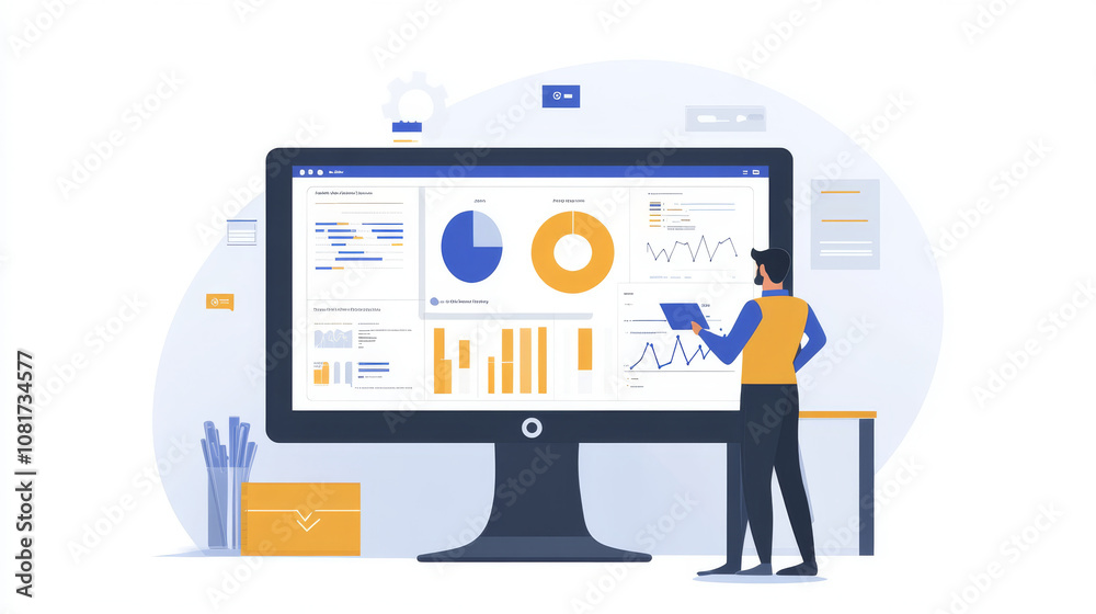 A business manager using a no-code platform to create internal dashboards and applications without needing coding skills, streamlining operations A business manager using a no-code platform to create internal dashboards and applications without needing coding skills, streamlining operations