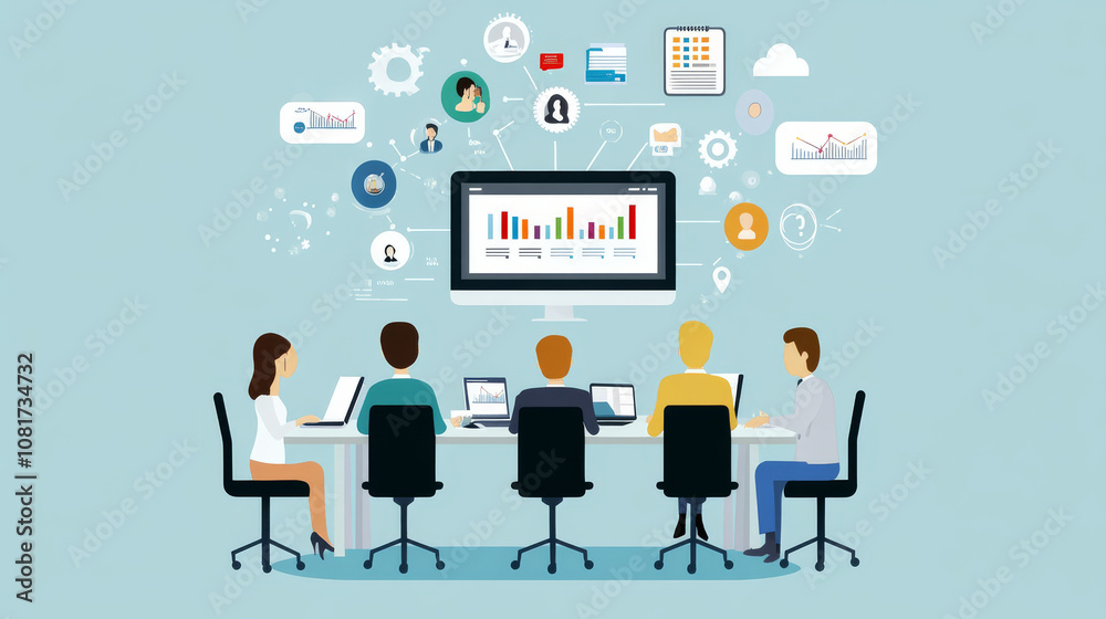 A business team using customer relationship management (CRM) software to manage leads and track customer interactions A business team using customer relationship management (CRM) software to manage leads and track customer interactions