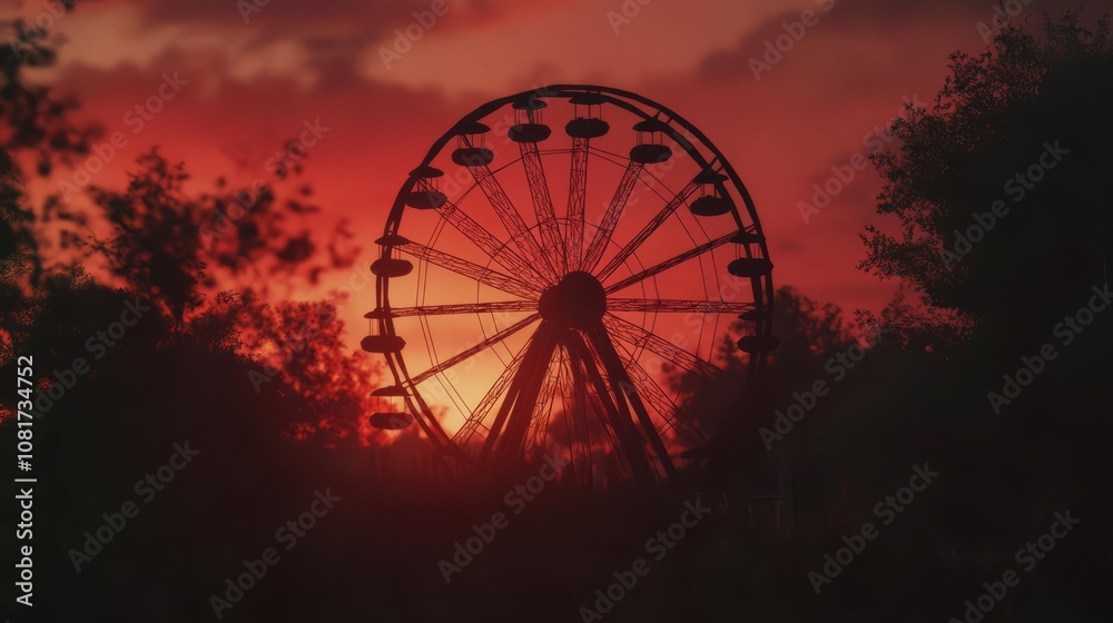 A Ferris wheel silhouetted against a fiery sunset, with trees framing the scene. A Ferris wheel silhouetted against a fiery sunset, with trees framing the scene.
