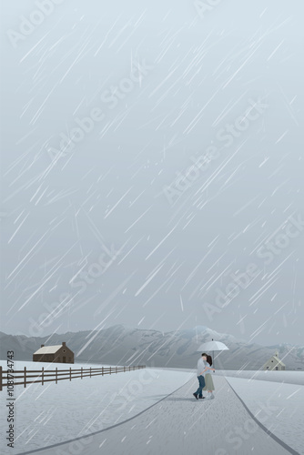 Countryside landscape in rainy day with couple of lover kissing under umbrella have mountain ranges and dusk sky vertical background.