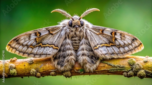 Close-up of the poisonous processionary moth on a branch macro photo