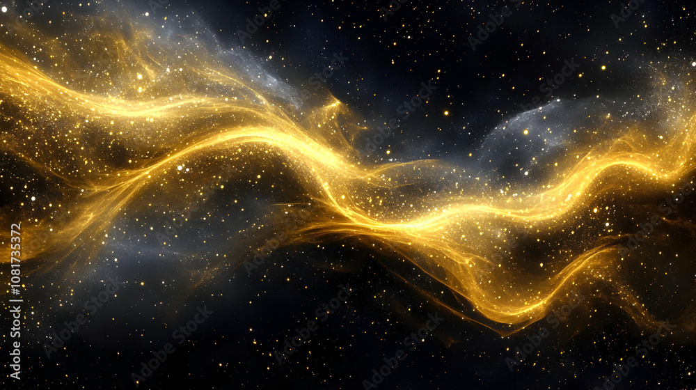 Golden Cosmic Waves Flowing Through Starry Nebula, Abstract Background Illustration Golden Cosmic Waves Flowing Through Starry Nebula, Abstract Background Illustration