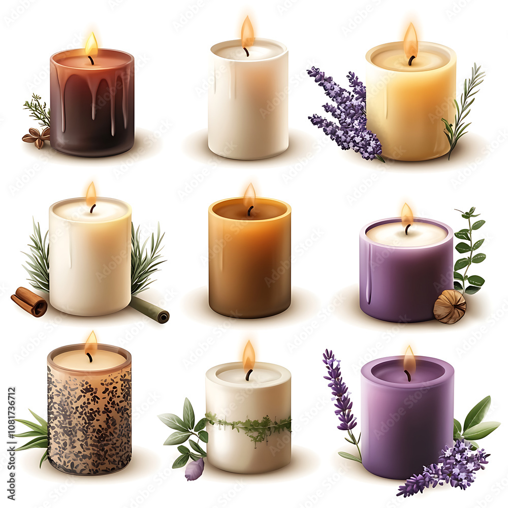A collection of nine beautifully designed candles showcasing various colors, scents, and decorative elements on a white background A collection of nine beautifully designed candles showcasing various colors, scents, and decorative elements on a white background