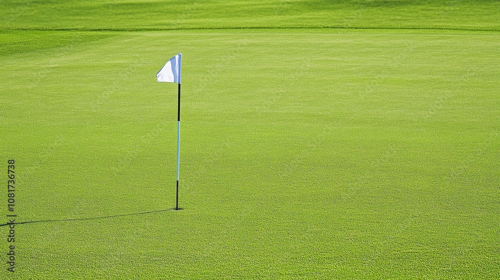 Obraz premium A golf green with a focus on the flagstick and grass texture, outdoor setting with natural lighting, Elegant style