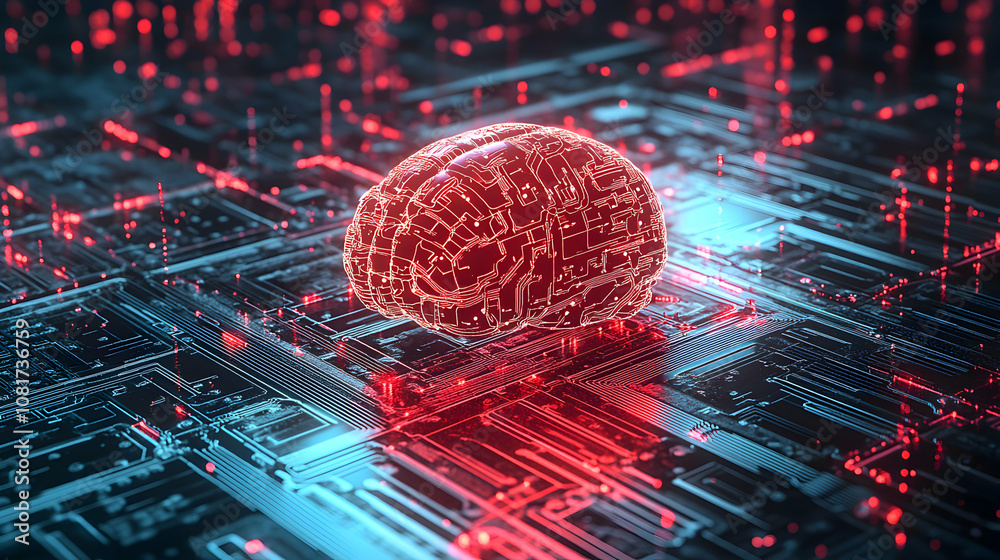 3D Render: Digital Brain Rests on Illuminated Circuit Board, Abstract Technology Background 3D Render: Digital Brain Rests on Illuminated Circuit Board, Abstract Technology Background