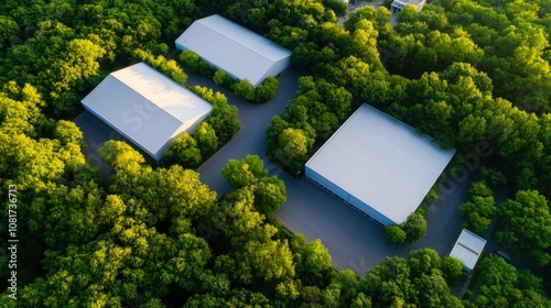 Aerial view of modern industrial buildings surrounded by lush green trees