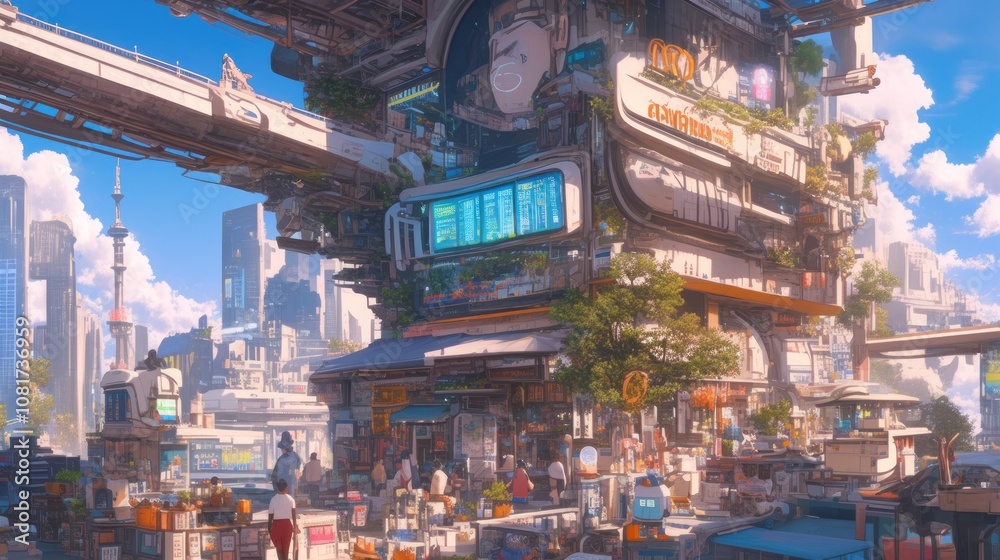 Obraz premium A bustling futuristic city street with shops and people walking.