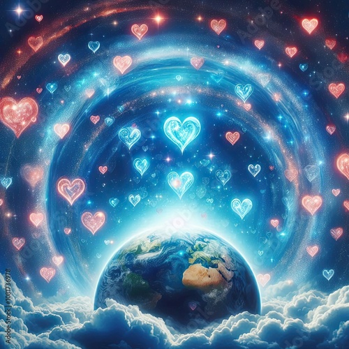A peaceful sky filled with stars and hearts, surrounding Earth with cosmic love