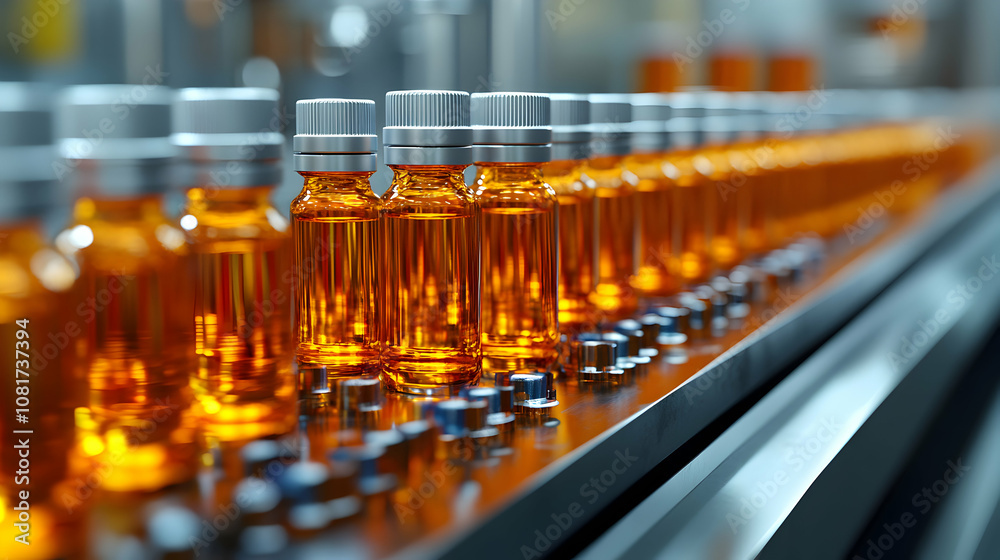 Automated Production Line Filling Amber Glass Bottles with Liquid Product Automated Production Line Filling Amber Glass Bottles with Liquid Product
