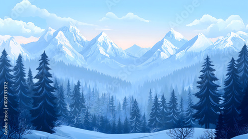 Amazing winter mountain landscape with pine trees in the morning. Natural Christmas background.