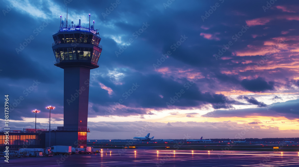 Naklejka premium An airport control tower using real-time air traffic management software to coordinate flights efficiently