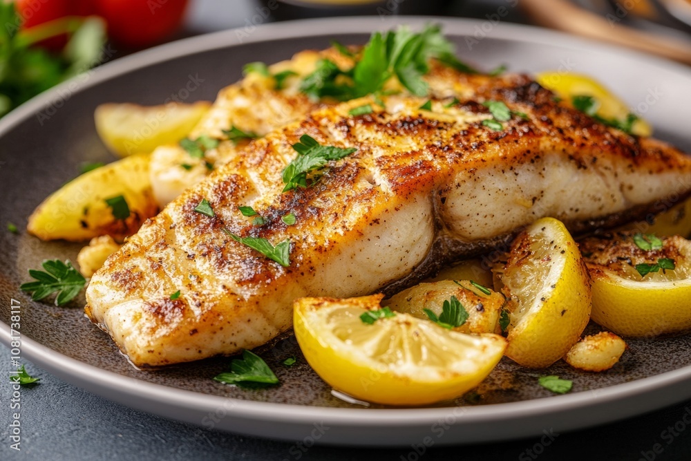 A beautifully cooked fish fillet, lightly charred and garnished with lemon slices and fresh herbs, is served on a rustic plate, enhancing its appealing presentation A beautifully cooked fish fillet, lightly charred and garnished with lemon slices and fresh herbs, is served on a rustic plate, enhancing its appealing presentation