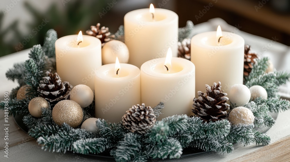 Candles in snowy fir wreath. Perfect for holiday or winter themed designs. Candles in snowy fir wreath. Perfect for holiday or winter themed designs.