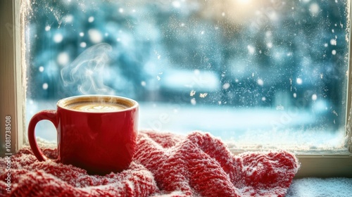 A steaming mug of coffee near a winter window photo