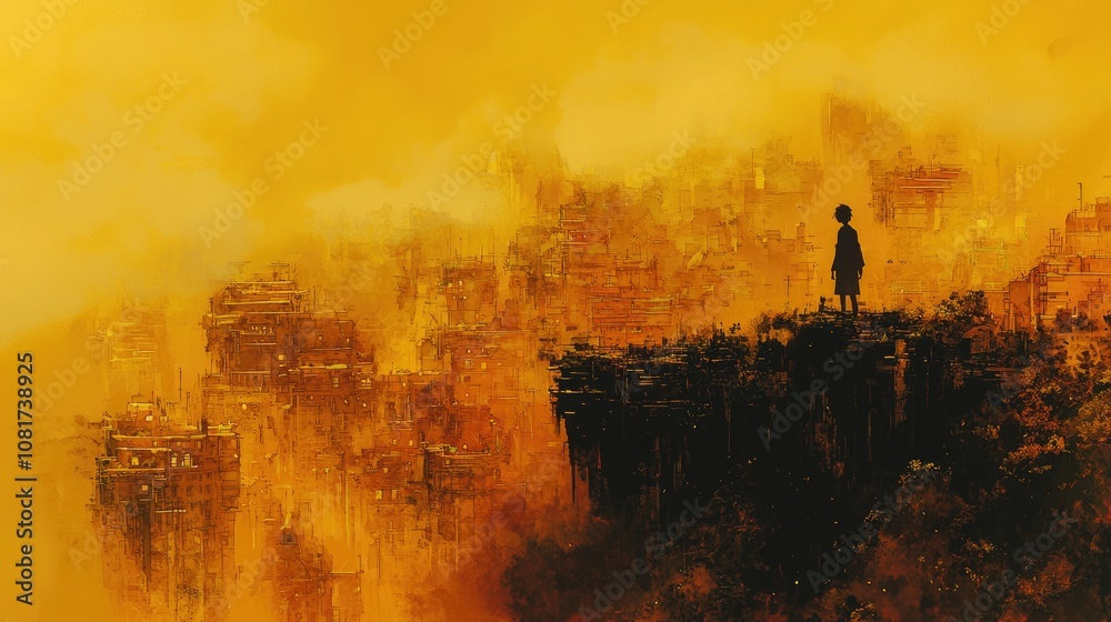 Fototapeta premium Silhouette of a person standing on a cliff overlooking a city in the clouds.