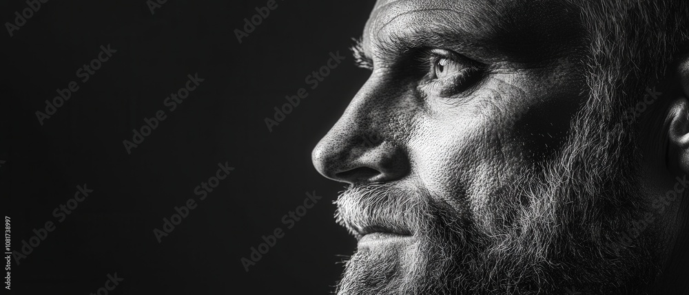 Close-up portrait of a rugged, weathered man with a thick beard Close-up portrait of a rugged, weathered man with a thick beard