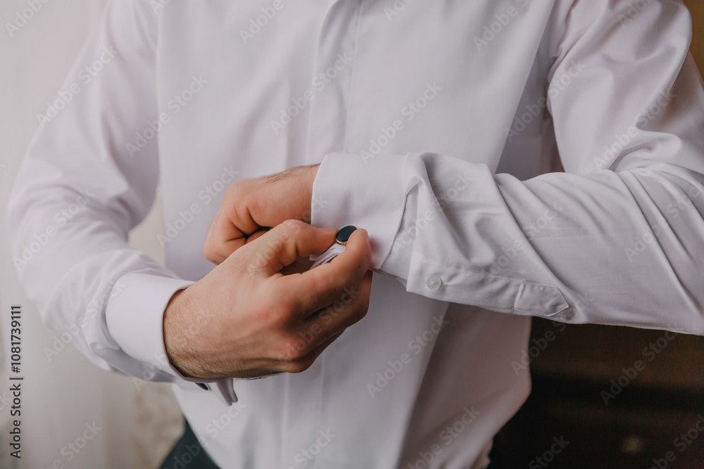 A man is getting dressed in a white shirt and is adjusting his cuff. Concept of formality and attention to detail, as the man takes care to properly dress himself A man is getting dressed in a white shirt and is adjusting his cuff. Concept of formality and attention to detail, as the man takes care to properly dress himself