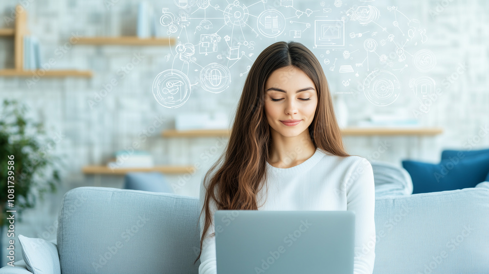 Woman using laptop and AI technologies for creative services.
