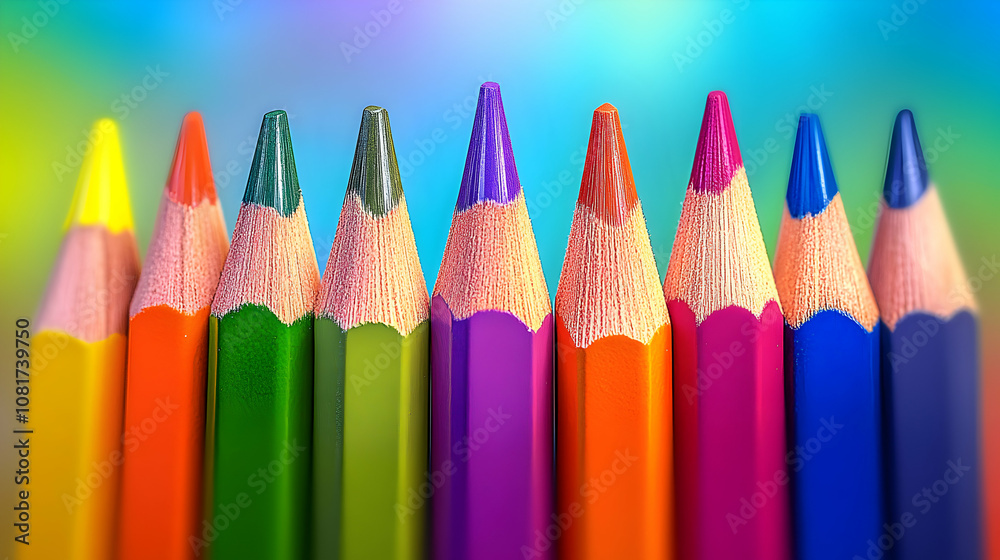 Close-up of Colorful Pencils Arranged in a Row, Vibrant Hues and Textures, Abstract Background Image Close-up of Colorful Pencils Arranged in a Row, Vibrant Hues and Textures, Abstract Background Image