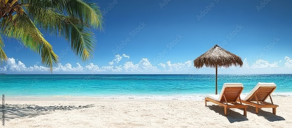 Serene Tropical Beach with Chairs and Umbrella on White Sand by Turquoise Ocean under Blue Sky with Palm Tree Serene Tropical Beach with Chairs and Umbrella on White Sand by Turquoise Ocean under Blue Sky with Palm Tree