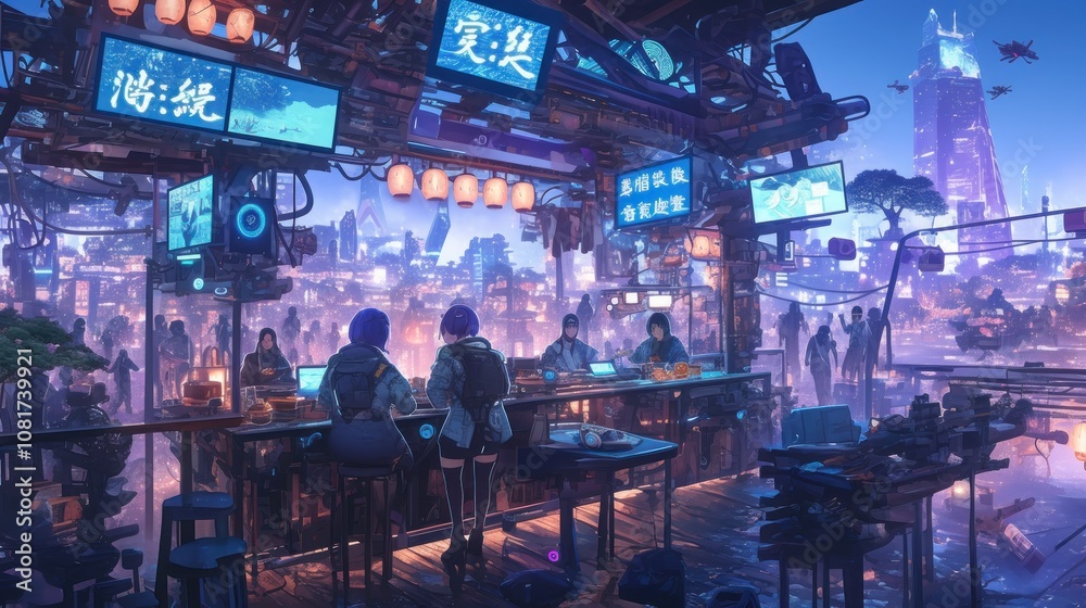 A futuristic cityscape with a bar in the foreground, illuminated by neon lights, and a bustling crowd of people passing by. A futuristic cityscape with a bar in the foreground, illuminated by neon lights, and a bustling crowd of people passing by.