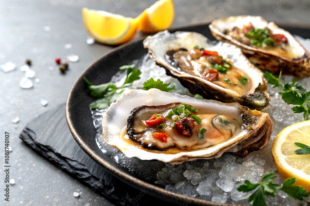 Fresh Oysters Top View - Gourmet Seafood Dinner Fresh Oysters Top View - Gourmet Seafood Dinner