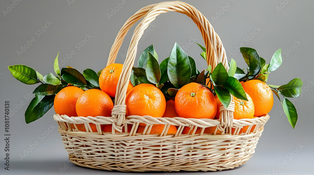 A wicker basket brimming with juicy oranges, adorned with vibrant green leaves, sits elegantly against a neutral gray backdrop. A wicker basket brimming with juicy oranges, adorned with vibrant green leaves, sits elegantly against a neutral gray backdrop.