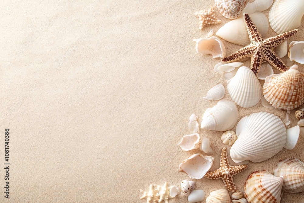 Top view of sandy beach with starfish and seashells for aesthetic summer design Top view of sandy beach with starfish and seashells for aesthetic summer design
