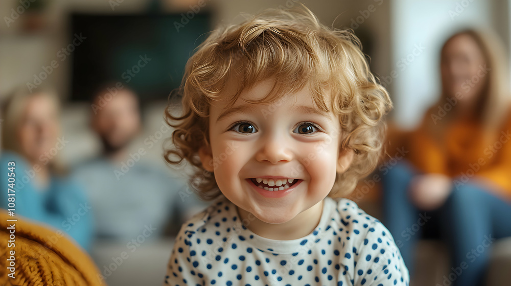 Portrait of a Toddler Smiling Joyfully with Family Blurred in Background Portrait of a Toddler Smiling Joyfully with Family Blurred in Background